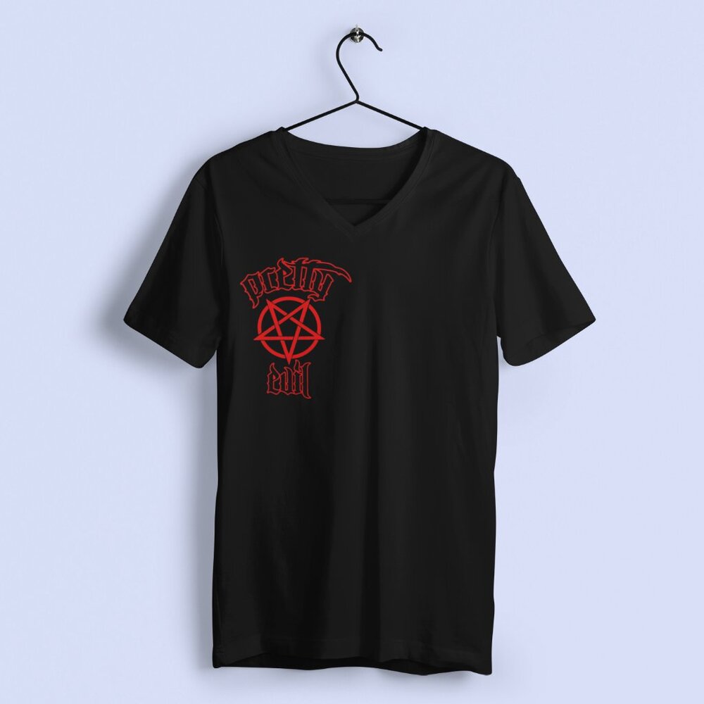 Women's Red 'Pretty Evil' Black Cotton V Neck T Shirt Small - 3XL